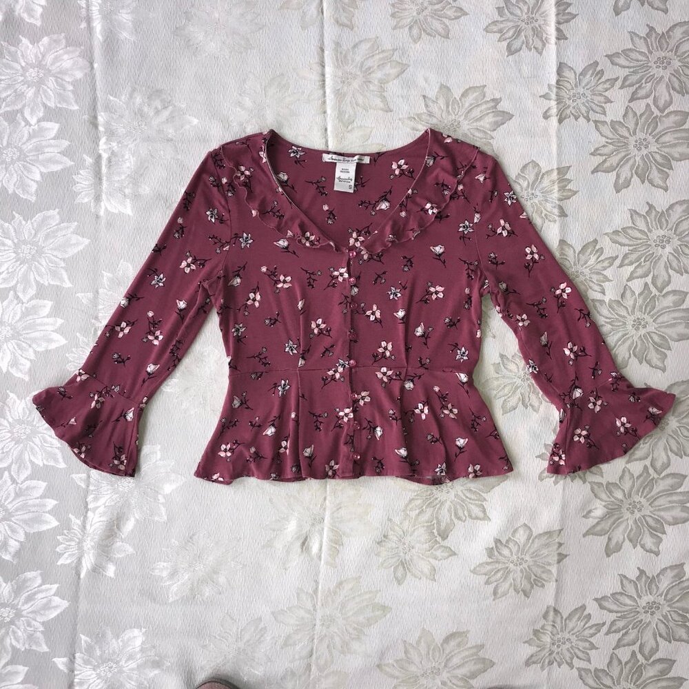 American Rag Floral Peplum Button Down Blouse Bell Sleeve Ruffle Top S